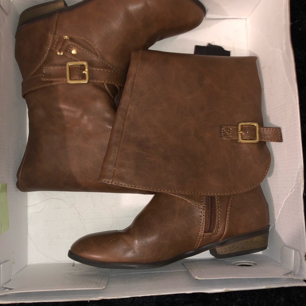 Brown leather wide leg knee boots